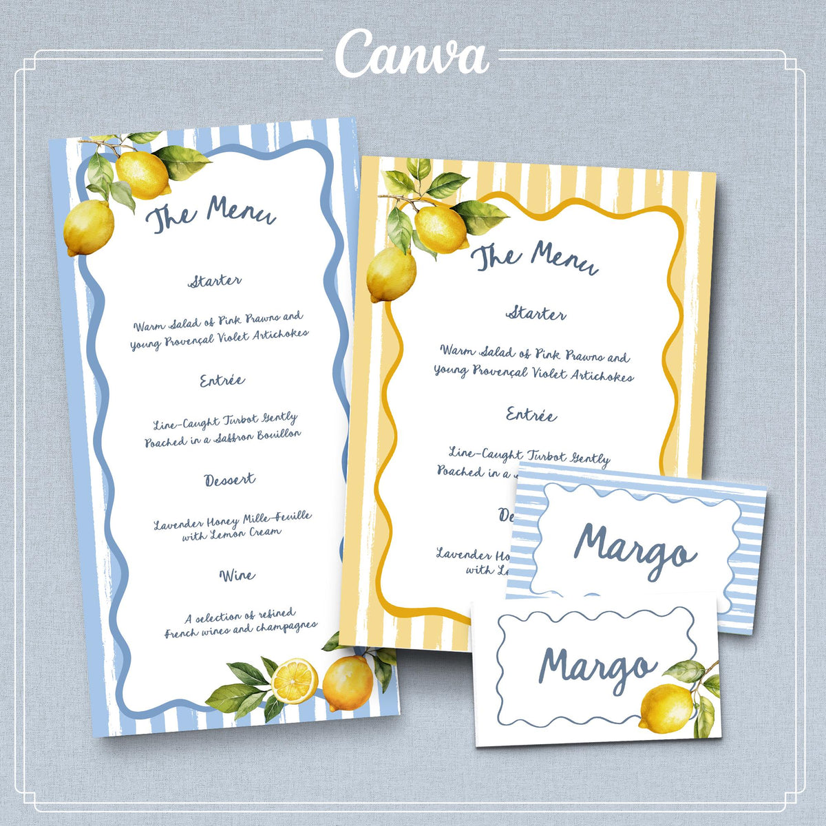 Whimsical Lemon Dinner Menu Template, Amalficore Summer Party Invite, Playful Stripes Editable CANVA Design