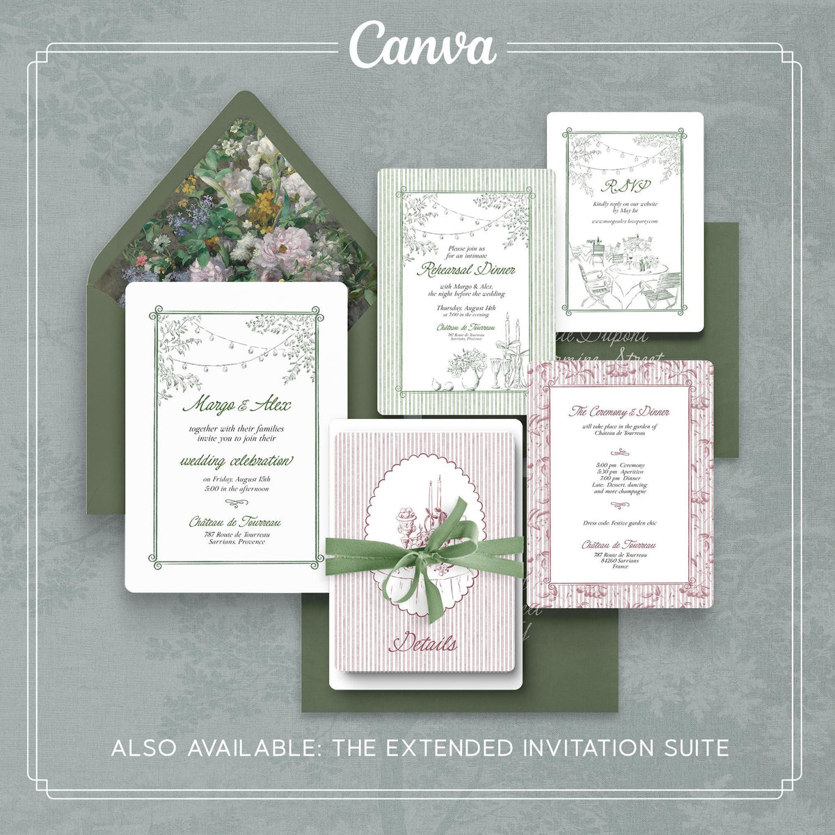 Elegant Sage Green Wedding Invitation Template, Romantic Garden Style Suite, Printable CANVA Design