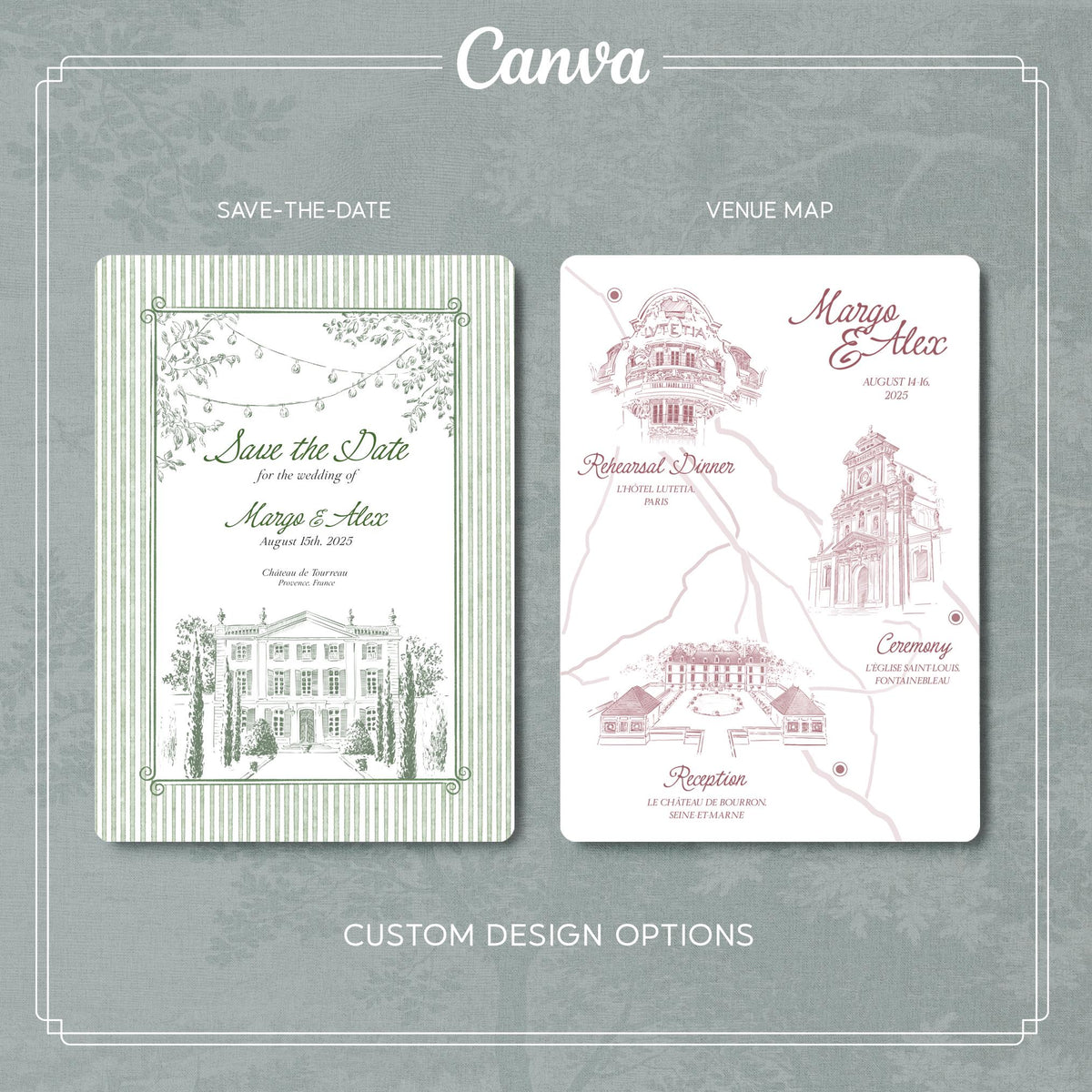 Elegant Sage Green Wedding Invitation Template, Romantic Garden Style Suite, Printable CANVA Design