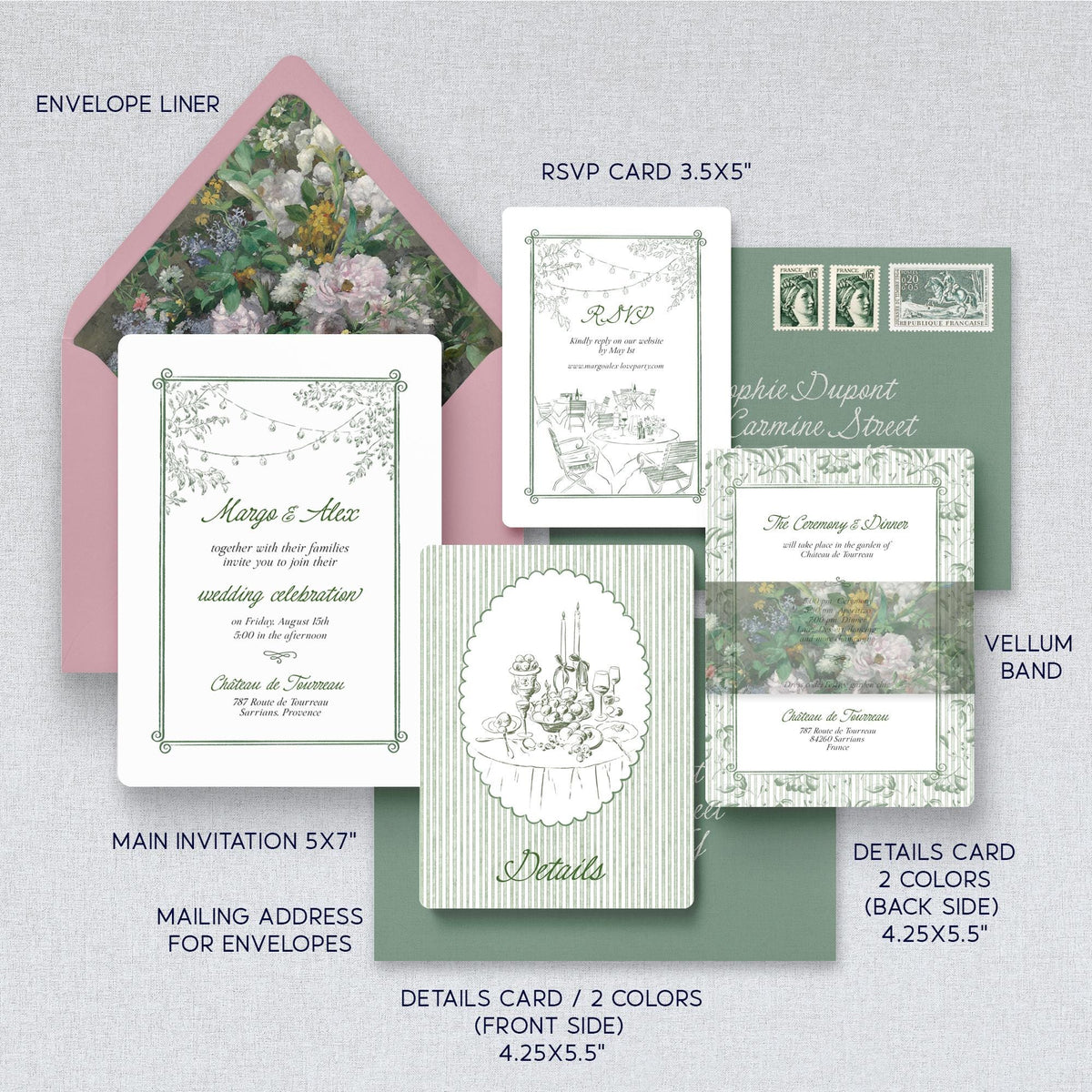 Elegant Sage Green Wedding Invitation Template, Romantic Garden Style Suite, Printable CANVA Design