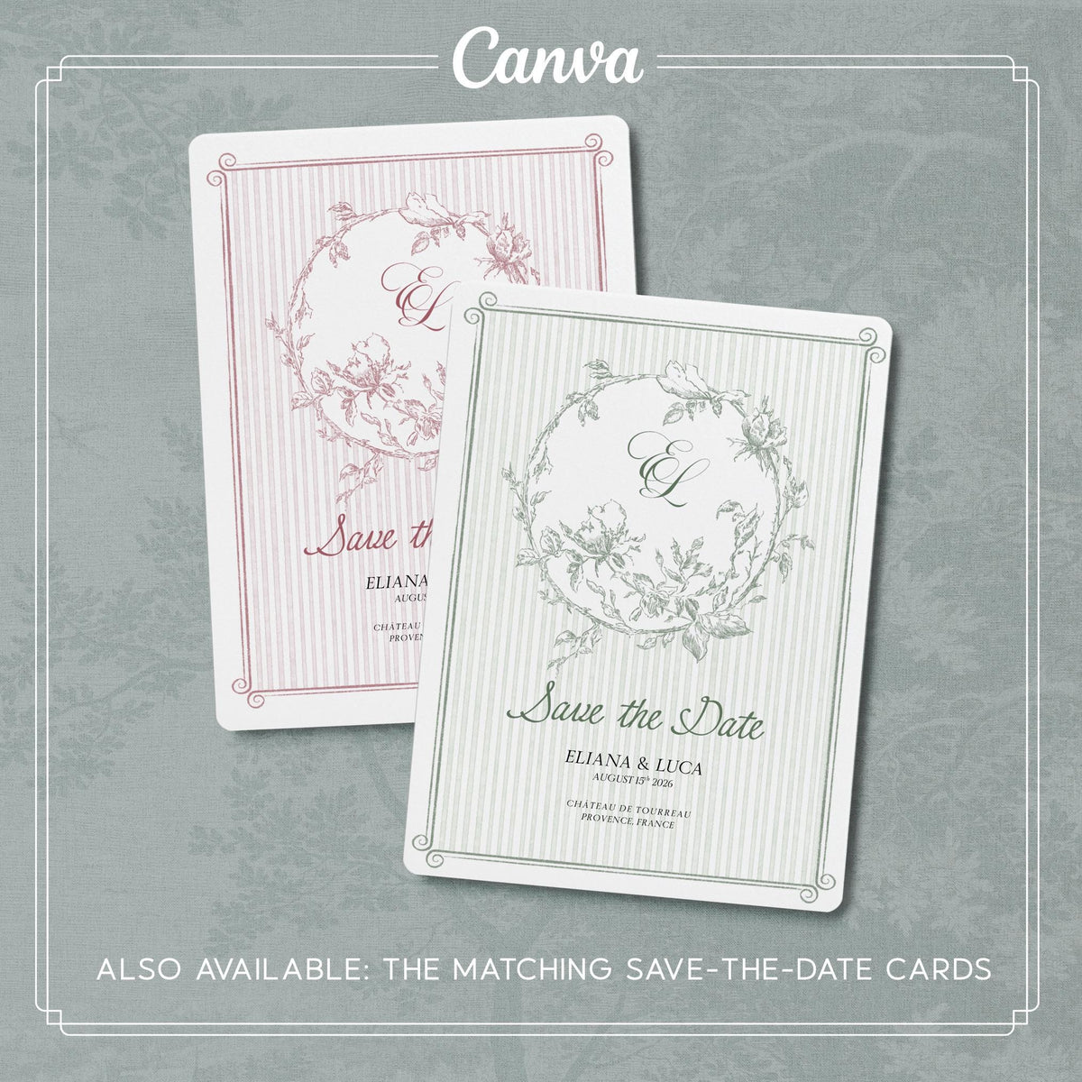 Elegant Sage Green Wedding Invitation Template, Romantic Garden Style Suite, Printable CANVA Design
