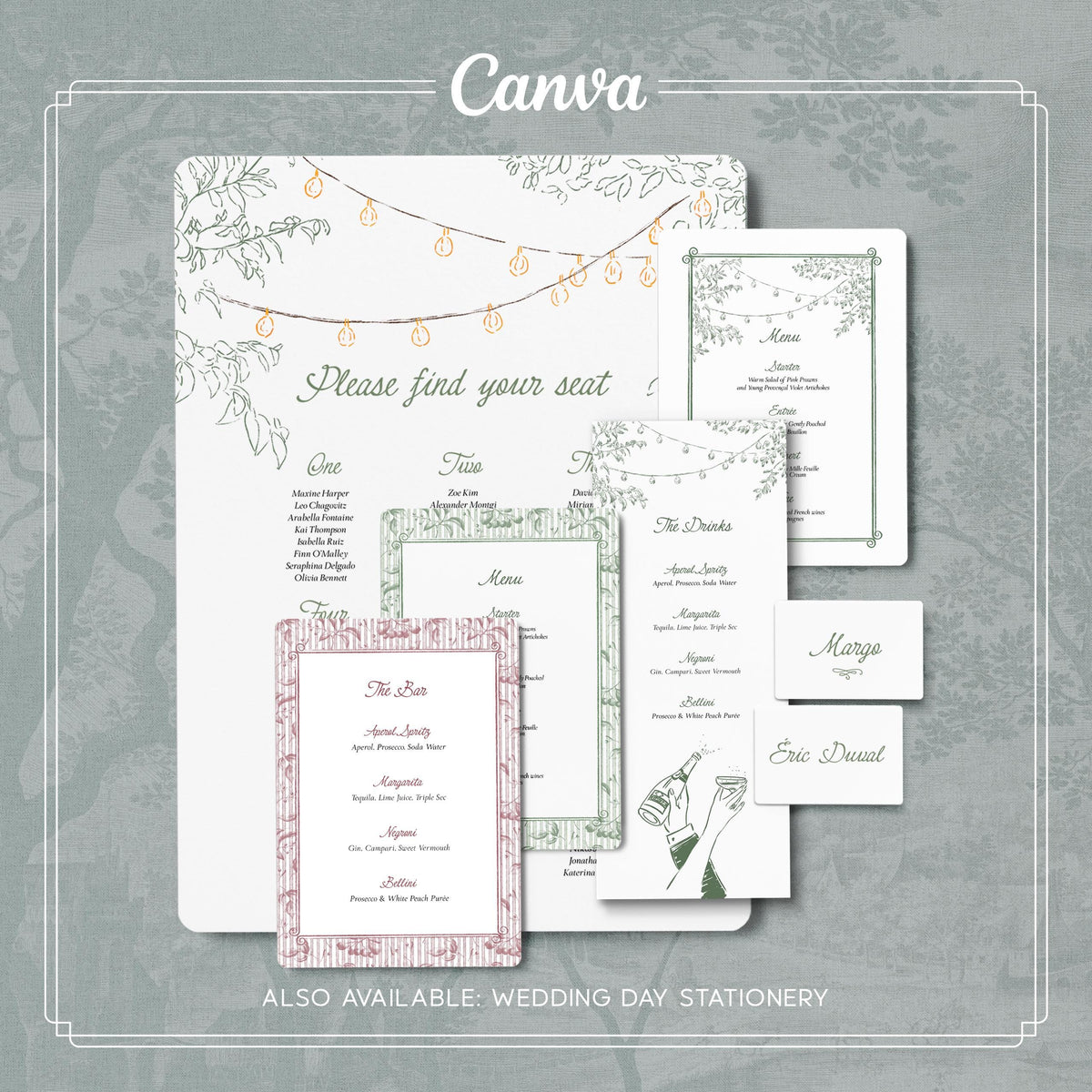 Elegant Sage Green Wedding Invitation Template, Romantic Garden Style Suite, Printable CANVA Design