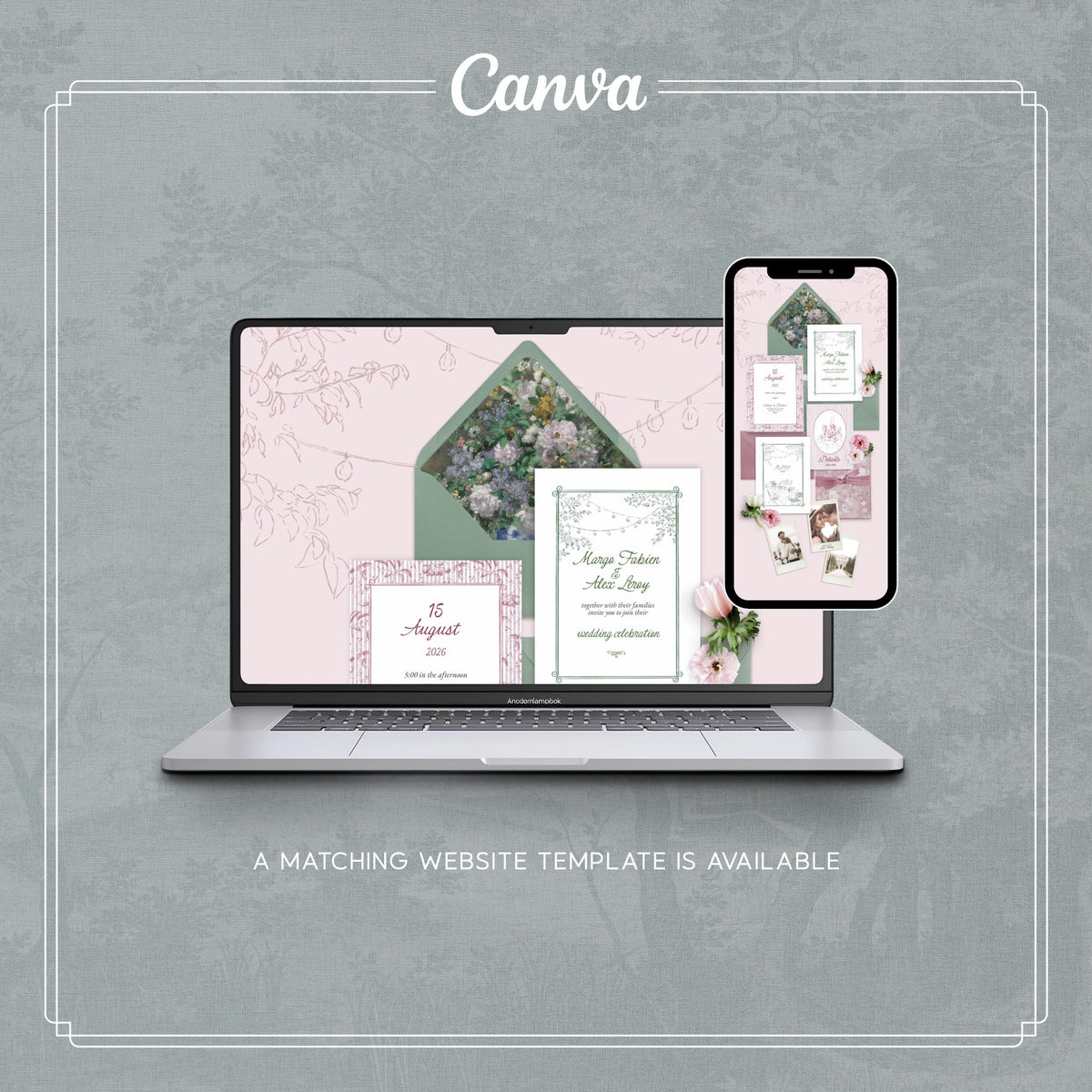 Elegant Sage Green Wedding Invitation Template, Romantic Garden Style Suite, Printable CANVA Design