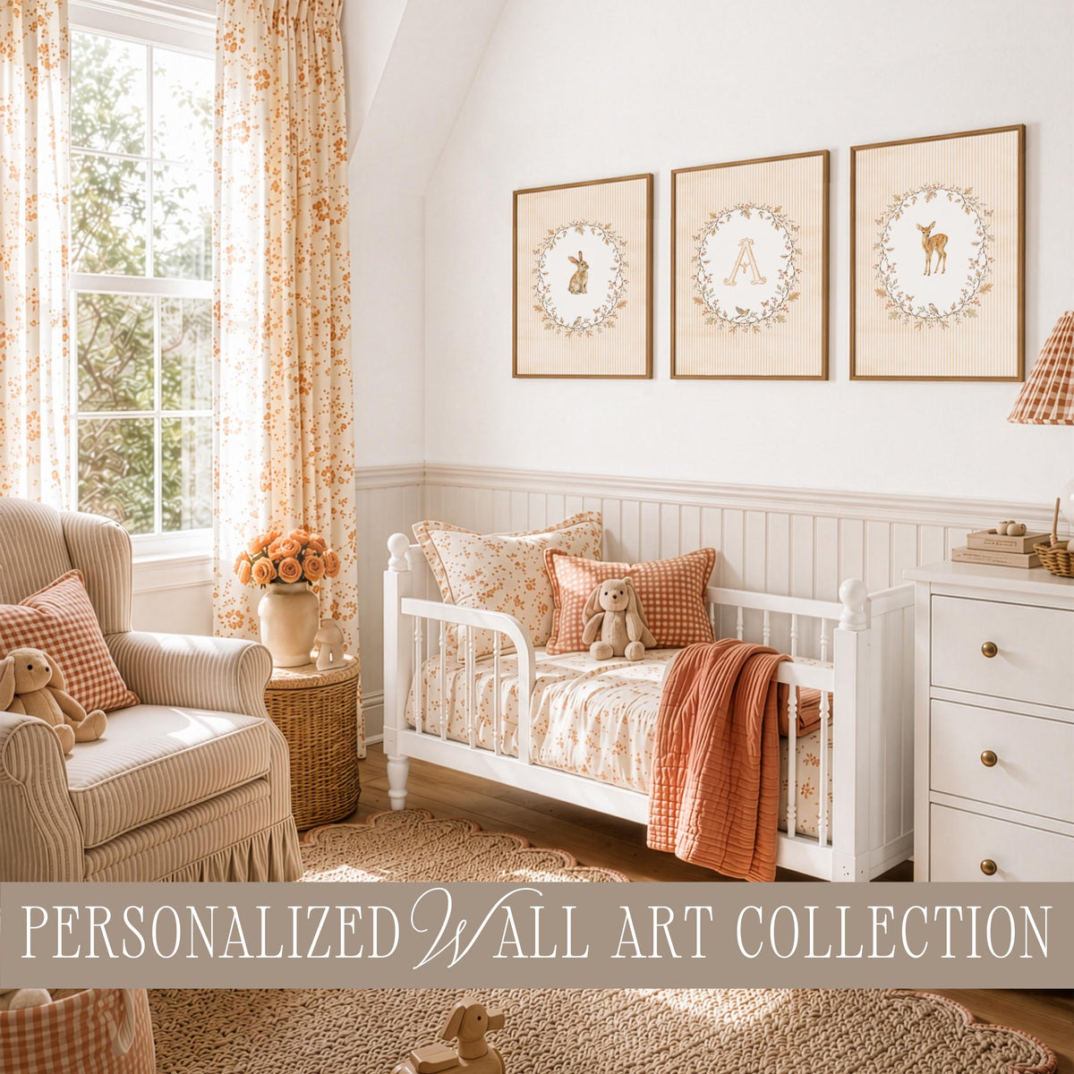 Personalized Woodland Nursery Wall Art Set of 16, Vintage Fall Cottagecore Baby Room Decor with Custom Monogram, Children’s Prints Bundle B1