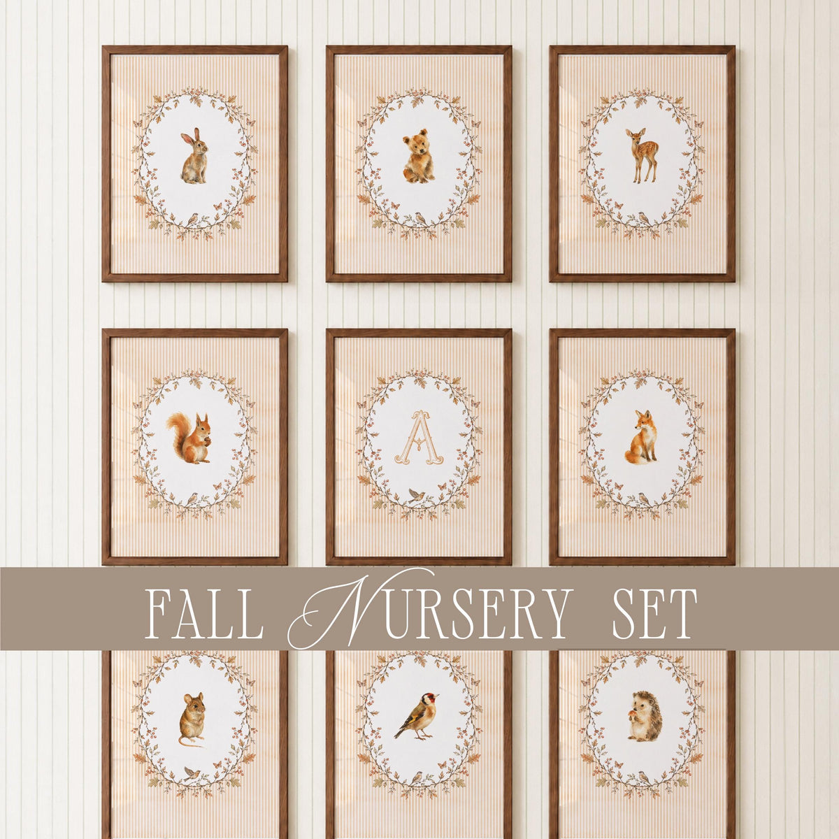 Personalized Woodland Nursery Wall Art Set of 16, Vintage Fall Cottagecore Baby Room Decor with Custom Monogram, Children’s Prints Bundle B1