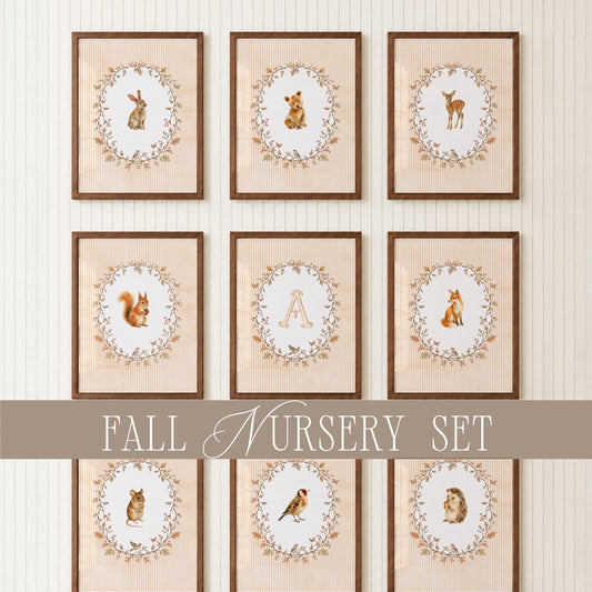 Personalized Woodland Nursery Wall Art Set of 16, Vintage Fall Cottagecore Baby Room Decor with Custom Monogram, Children’s Prints Bundle B1