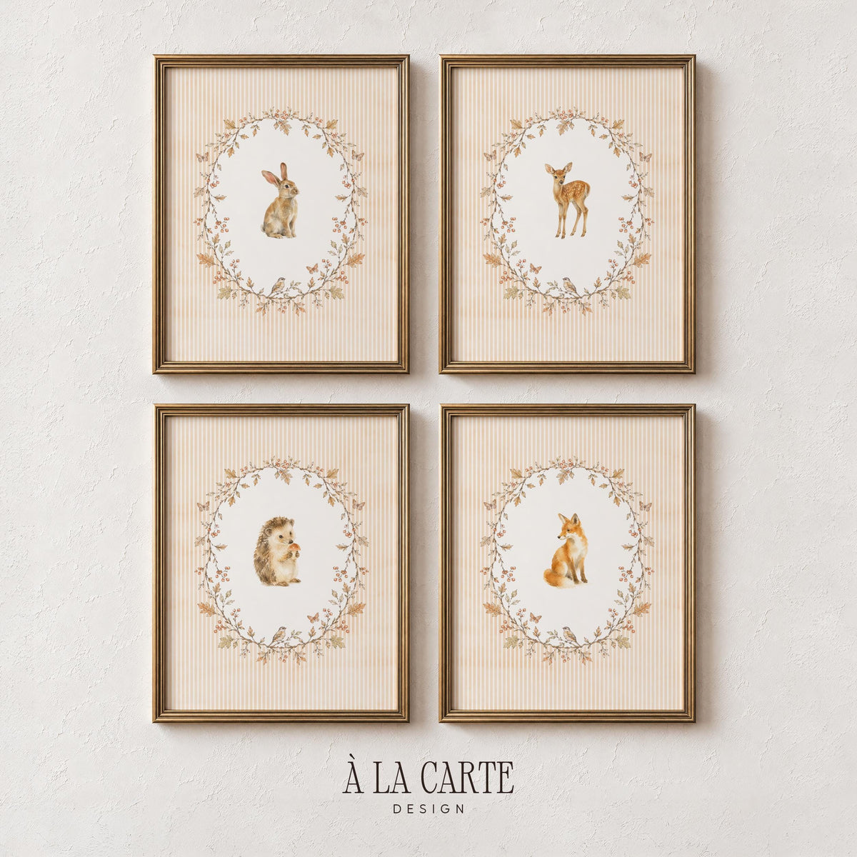 Woodland Nursery Fall Wall Art Set of 4, Vintage Cottagecore Baby Room Decor, Autumn Crest, Watercolor Animals Children Prints Bundle B4