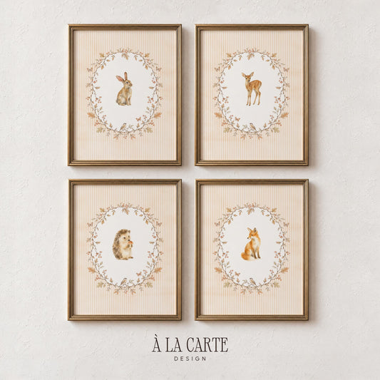 Woodland Nursery Fall Wall Art Set of 4, Vintage Cottagecore Baby Room Decor, Autumn Crest, Watercolor Animals Children Prints Bundle B4