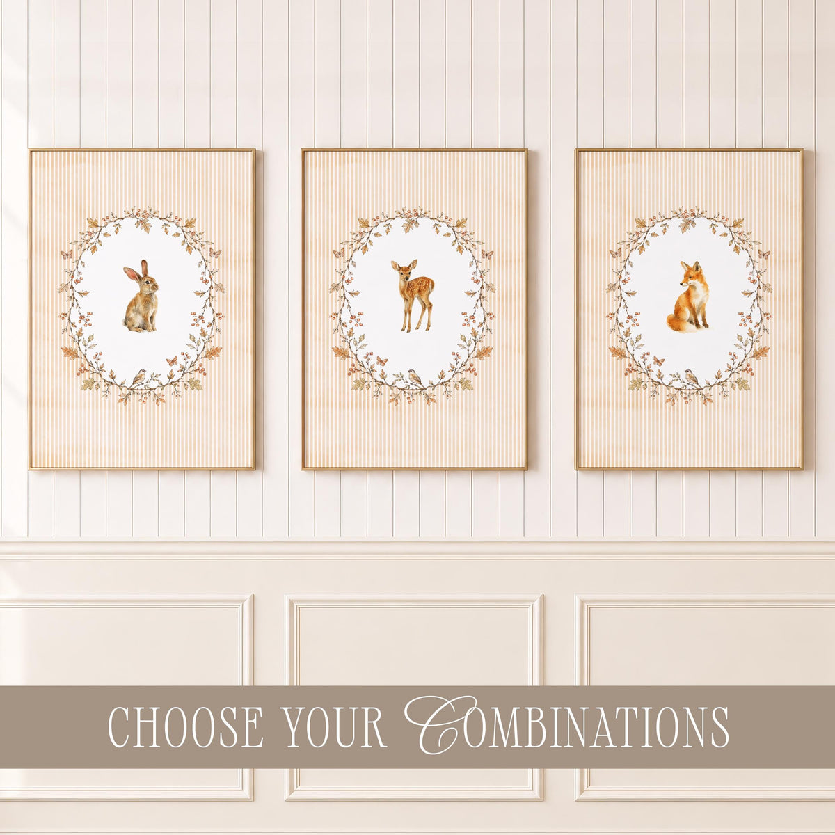 Woodland Nursery Fall Wall Art Set of 4, Vintage Cottagecore Baby Room Decor, Autumn Crest, Watercolor Animals Children Prints Bundle B4