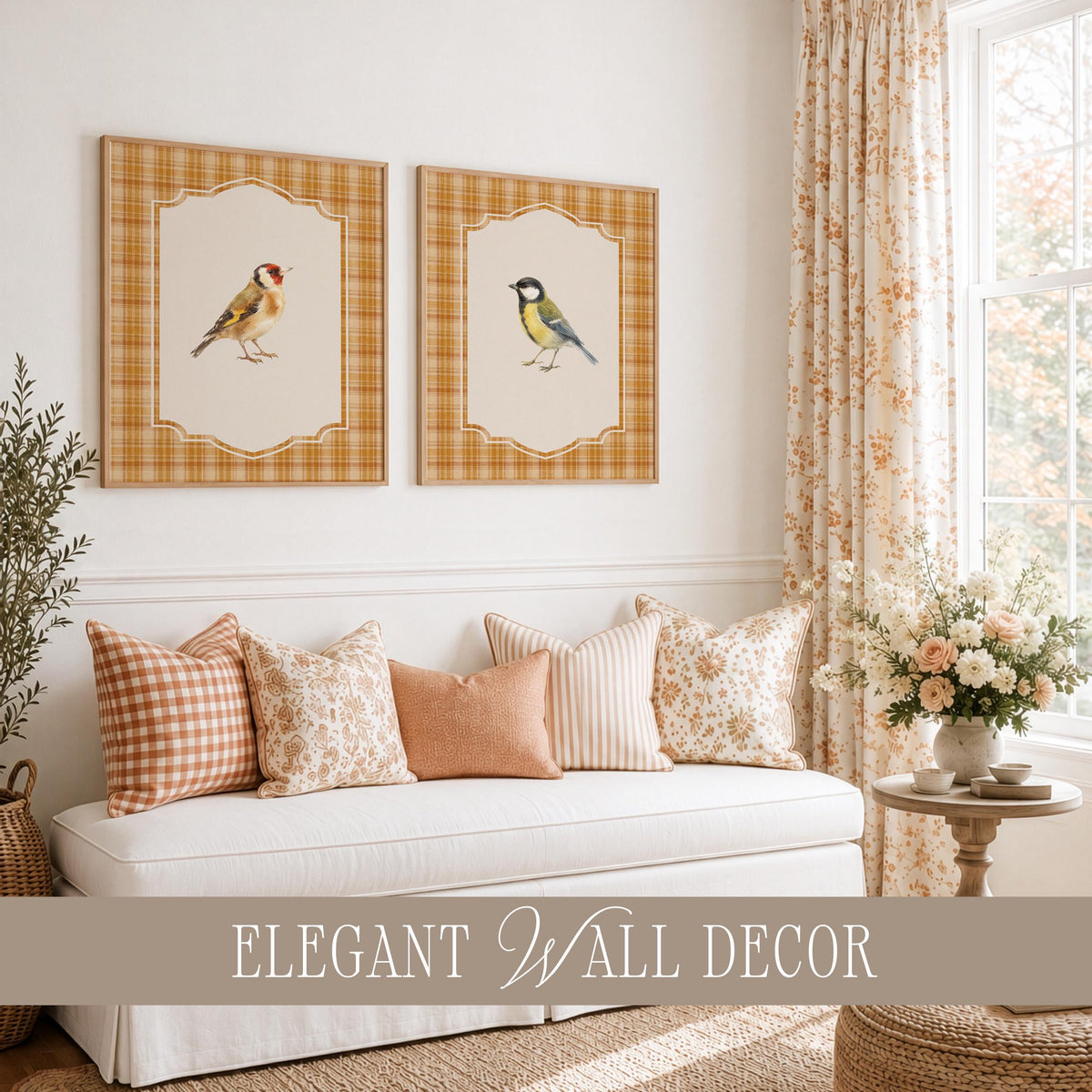 Vintage Fall Bird Wall Art Set of 4, Cottagecore Plaid Prints, Autumn Woodland Bird Illustration Collection, French Country Decor Bundle B5