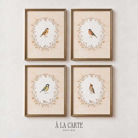 Vintage Fall Bird Wall Art Set of 4, Autumn Cottagecore Gallery Wall, Crest Bird Prints Bundle, French Country Wall Decor Collection B6