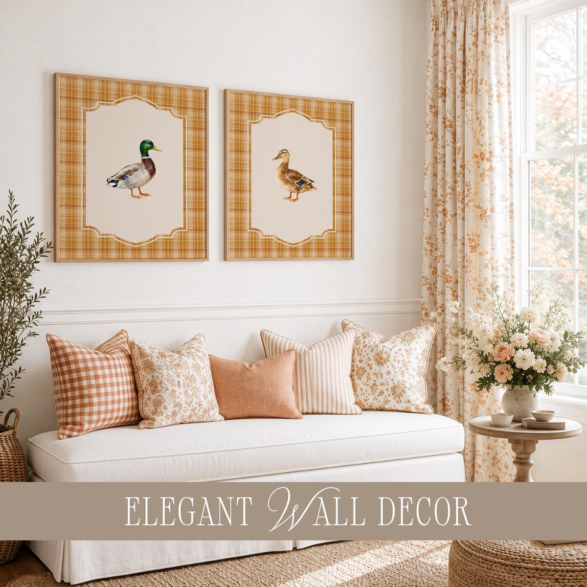 Botanical bird poster gallery set for rustic home — detailed duck designs with scalloped borders and autumn plaid pattern