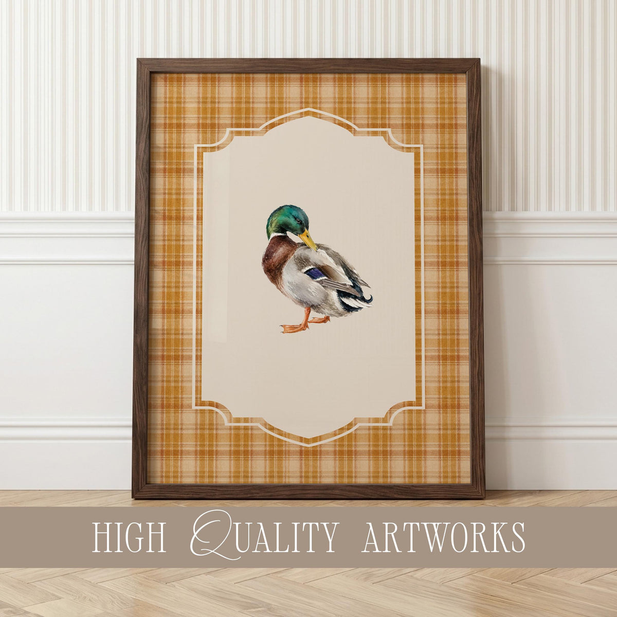 Cottagecore bird print set digital art for country kitchen — warm golden plaid background with standing and walking ducks