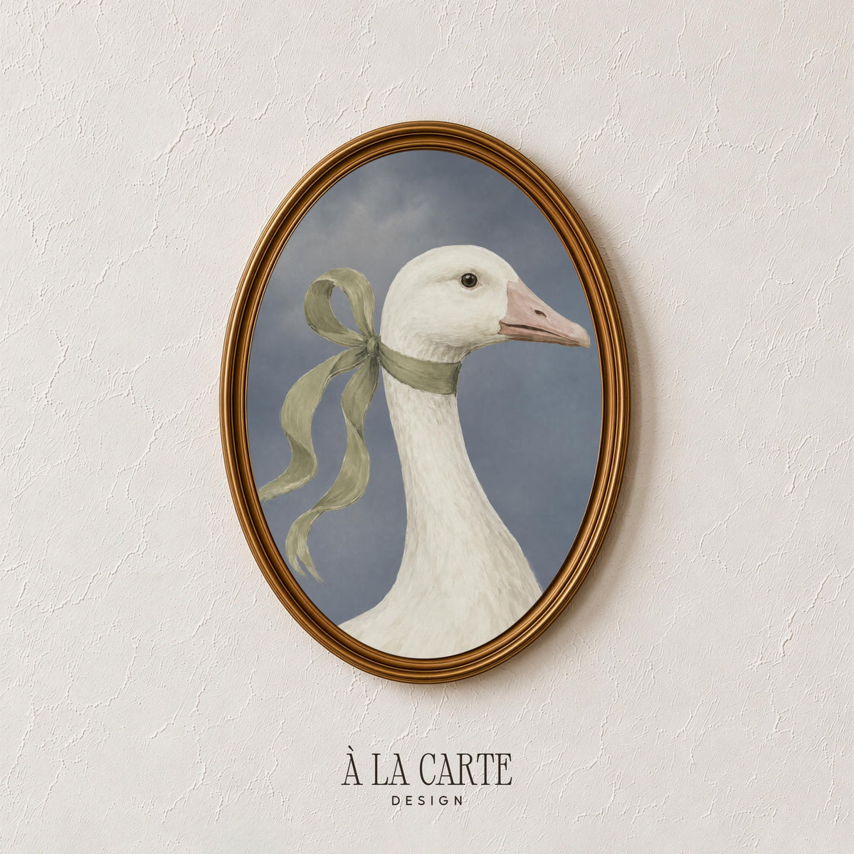 Vintage bird artwork poster for entryway — refined goose study with sage green bow and muted stormy background