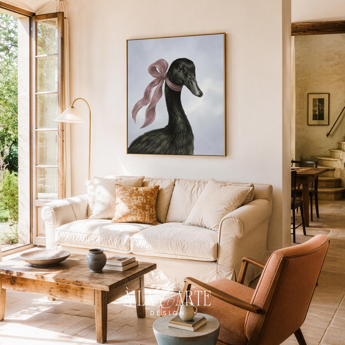 Duck wearing ribbon wall print — vintage cottage artwork for nursery featuring realistic portraiture and soft colors