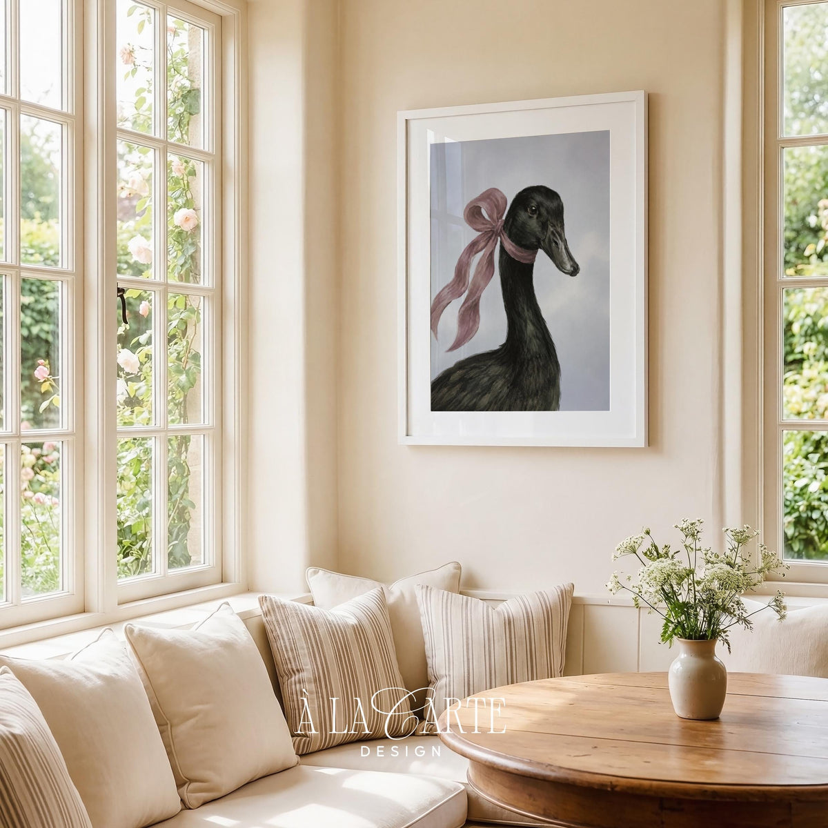 Waterfowl gallery wall art instant download — black duck painting for farmhouse living space with refined palette