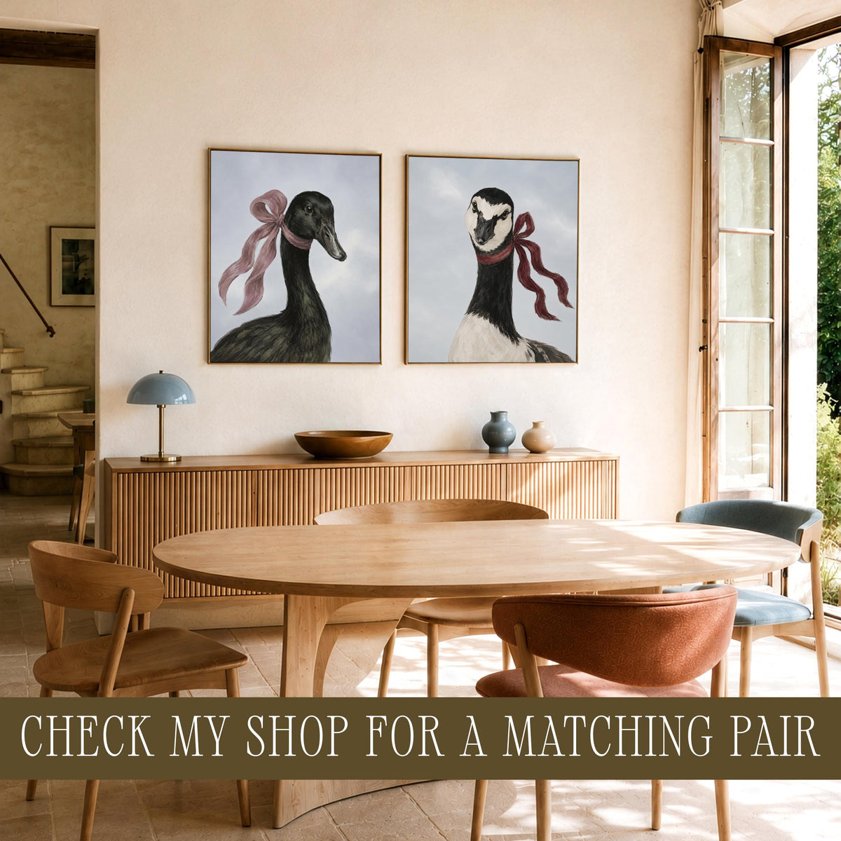 Duck wearing bow digital print for living room — classical portrait artwork with rustic, charming aesthetic