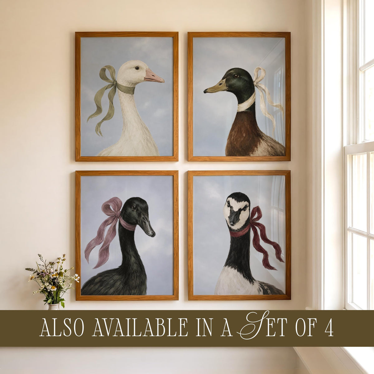 Black duck portrait printable art for nursery — realistic wildlife painting with pink bow and vintage cottage style