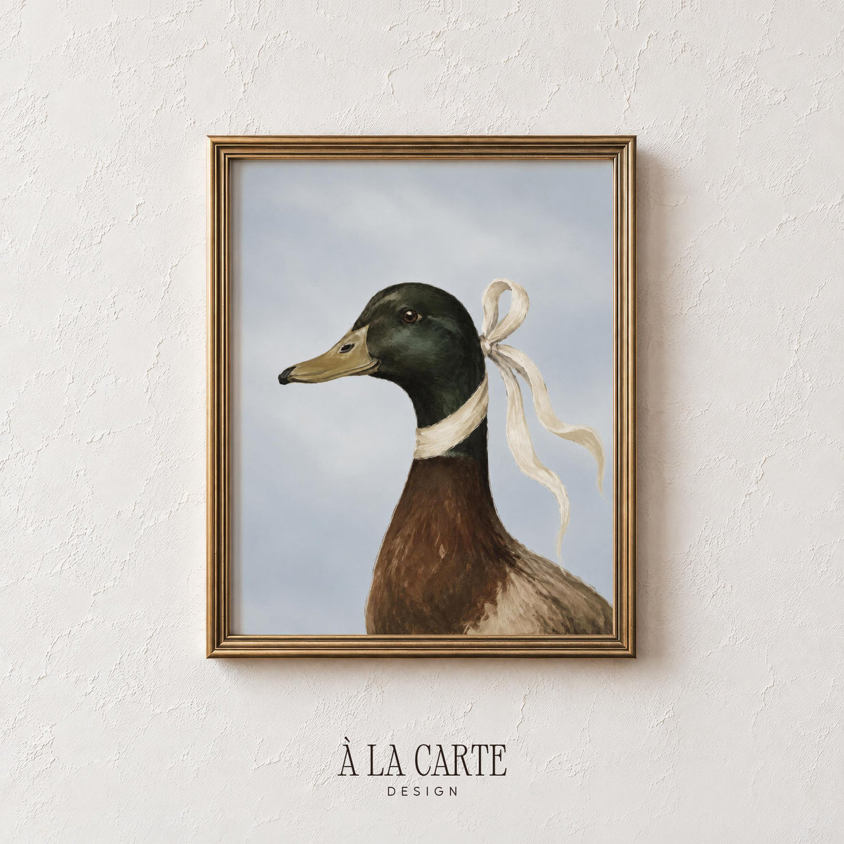 Refined goose-style wall print for powder room — elegant cream-ribboned bird against misty gray backdrop