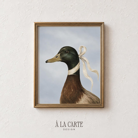 Refined goose-style wall print for powder room — elegant cream-ribboned bird against misty gray backdrop