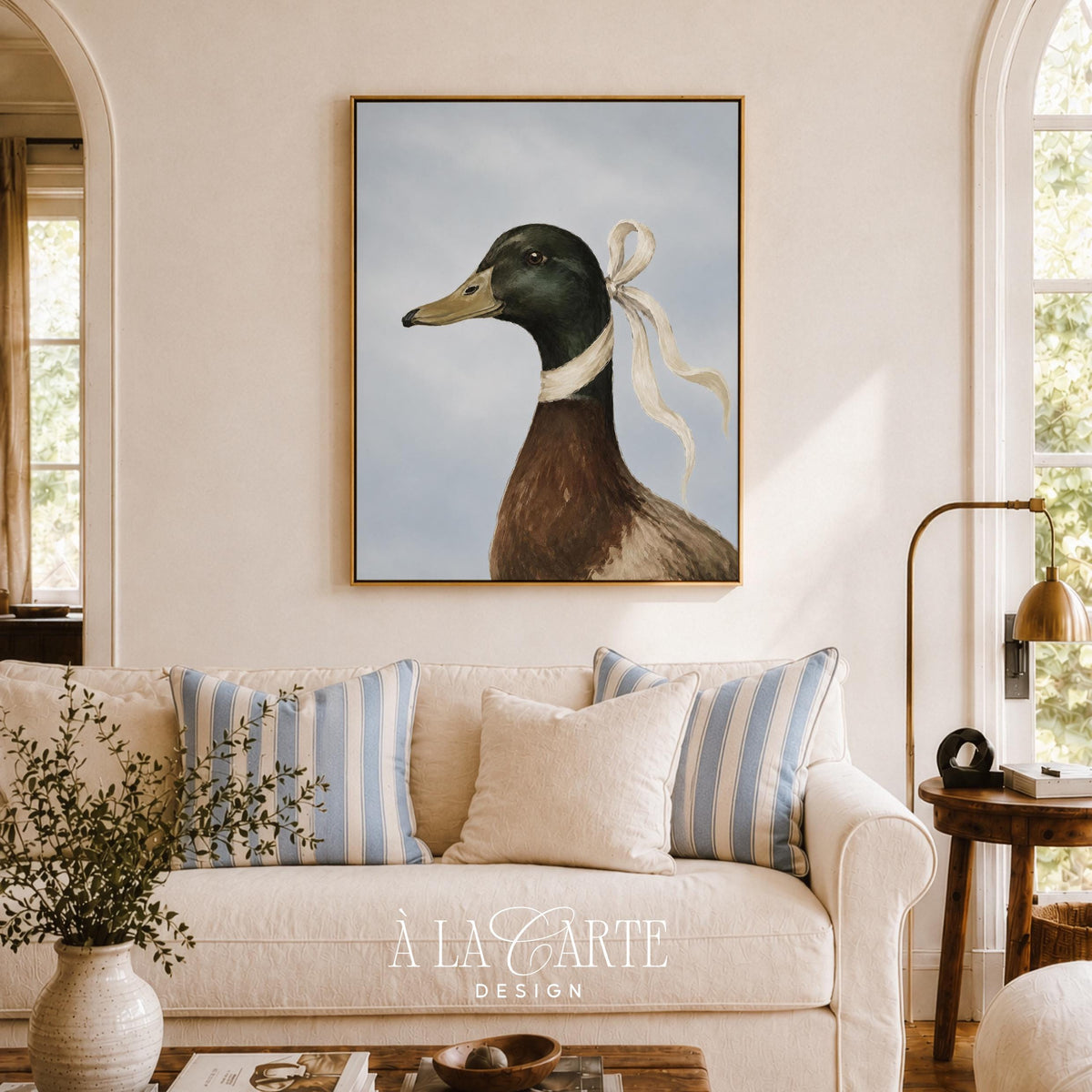Farmhouse duck artwork printable for entryway — charming ribbon-adorned bird with soft brushwork