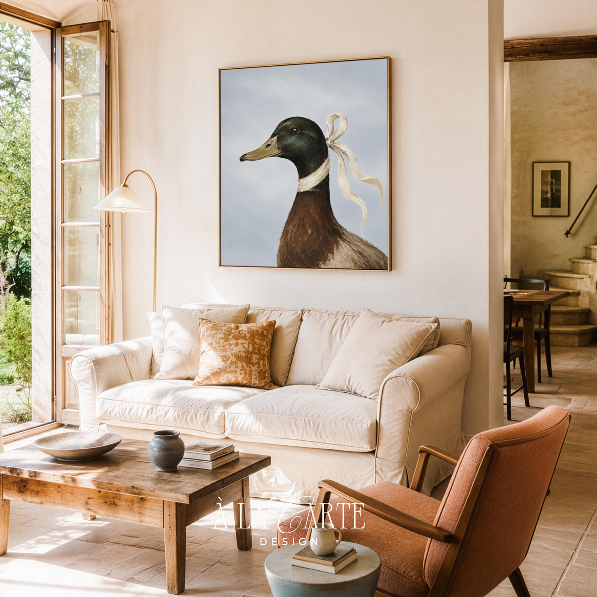Mallard duck portrait printable art for living room — vintage wildlife painting with cream ribbon bow