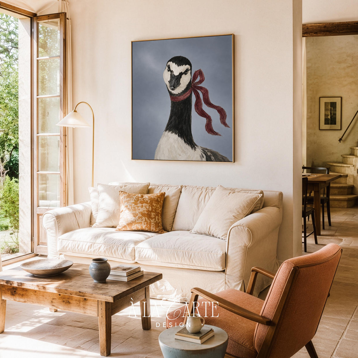 Farmyard bird artwork poster for entryway — quirky goose character portrait with vintage charm and stormy setting