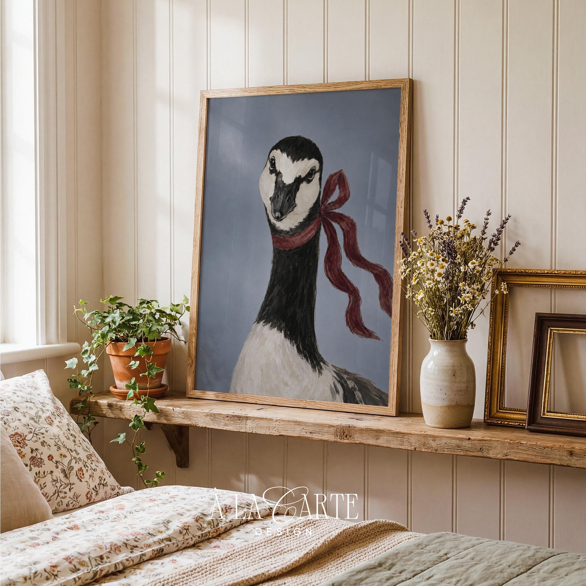 Ornate feathered animal wall art printable for dining room — goose painting with ribbon embellishment and moody atmosphere