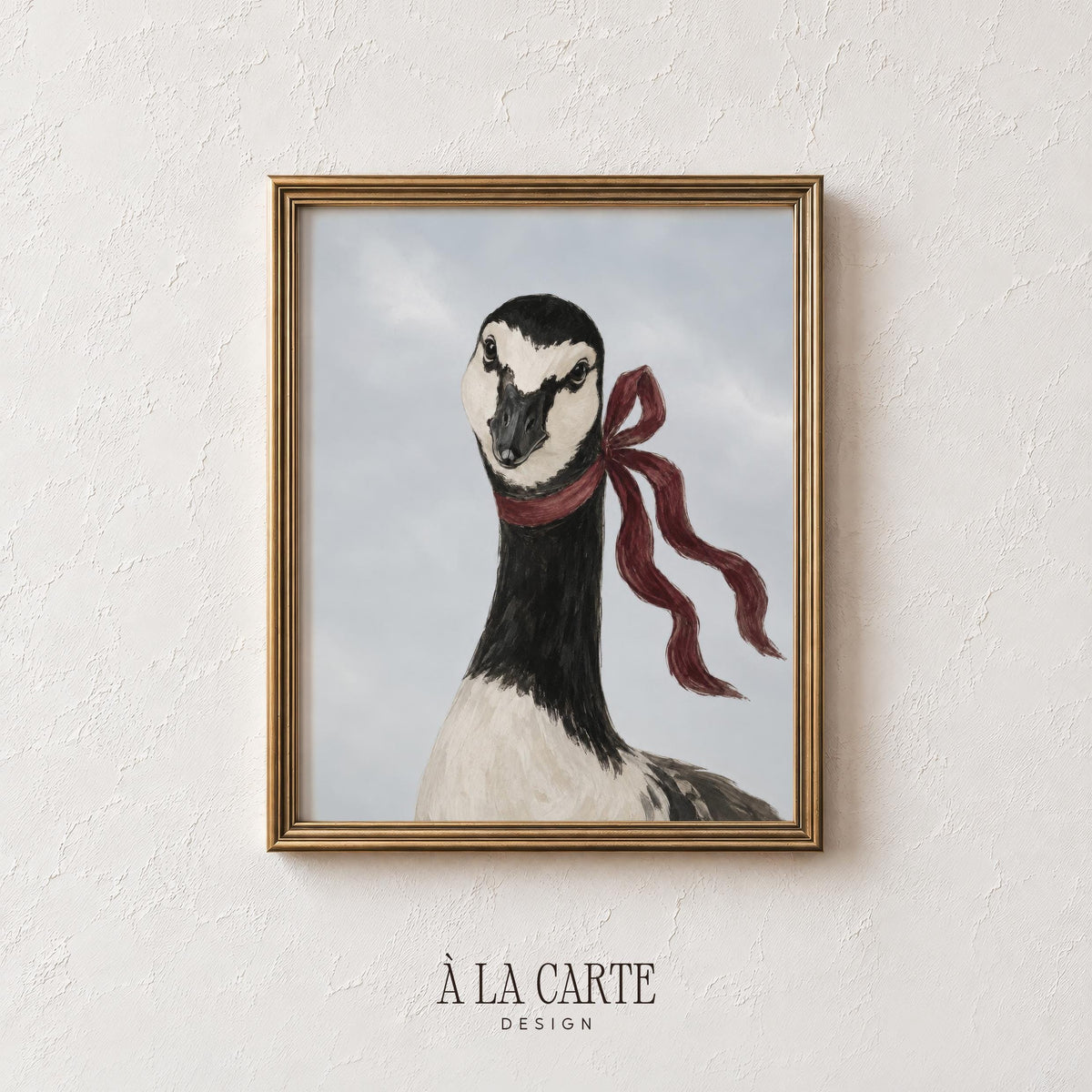 Classical goose picture for gallery wall — soft-painted waterfowl with burgundy accent and tranquil sky aesthetic