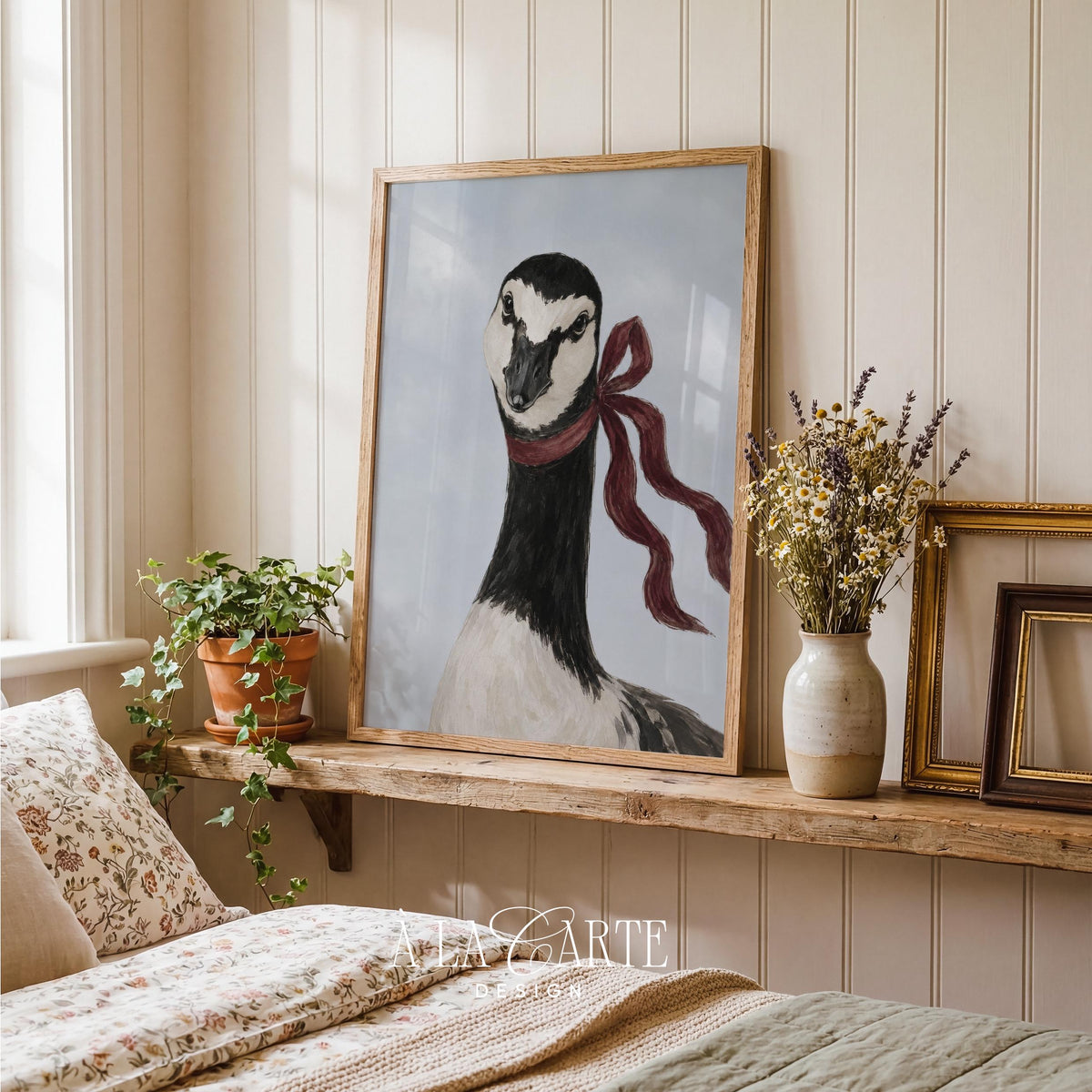 Vintage bird illustration digital print for entryway — confident posed goose with rich crimson bow and textured brushwork