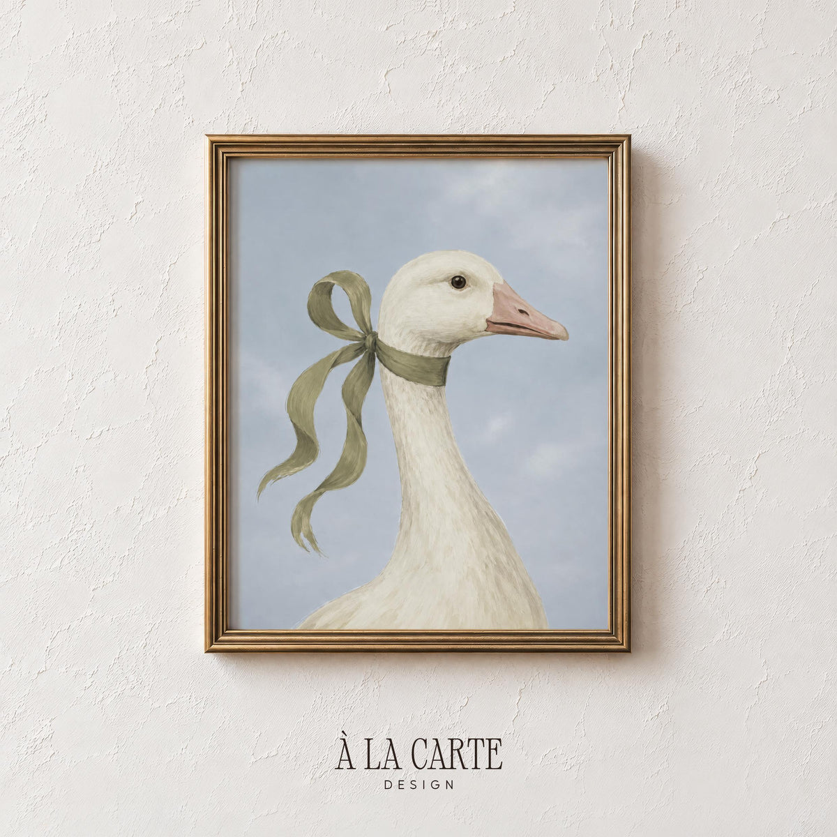 Elegant poultry wall decor for entryway — timeless goose artwork with cottagecore ribbon bow and gentle brushstrokes