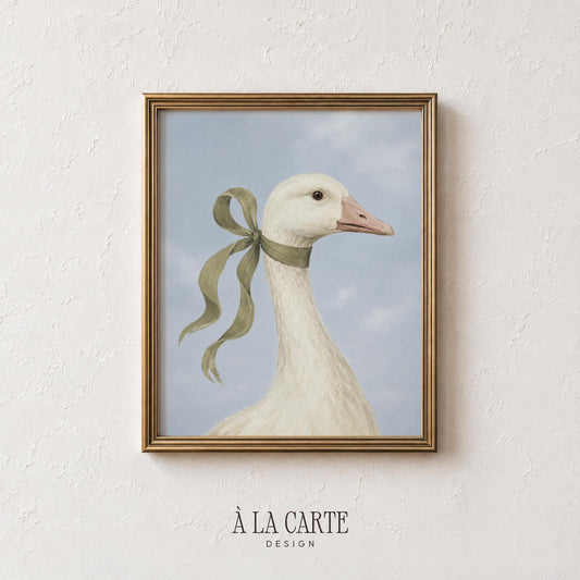Elegant poultry wall decor for entryway — timeless goose artwork with cottagecore ribbon bow and gentle brushstrokes
