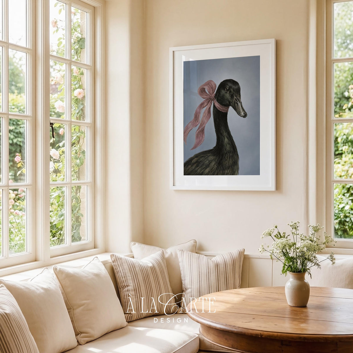 Waterfowl picture instant download — black duck artwork with delicate ribbon and painterly brushstrokes