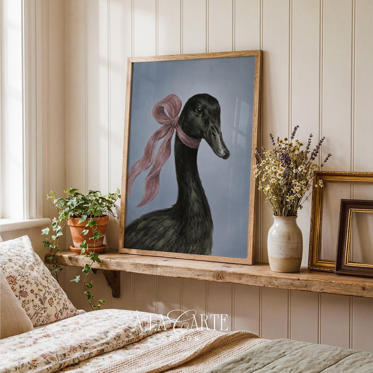 Poultry painting wall art for living room — dignified bird portrait with feminine pink accent and rustic style