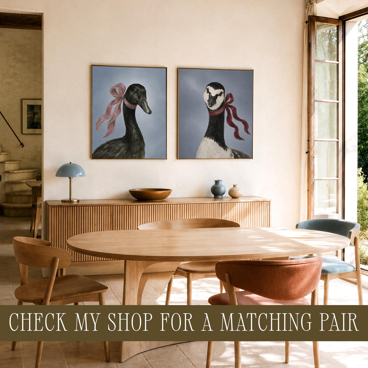 Duck with bow poster for cottage décor — three-quarter view composition with dusty blue background and classic charm