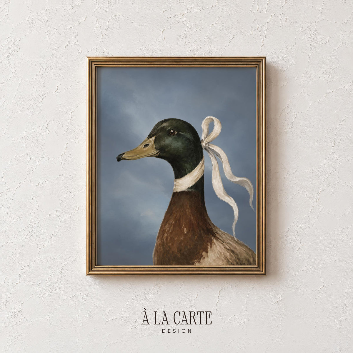 Vintage goose painting wall decor — elegant bird portrait with bow, dark stormy clouds, timeless aesthetic