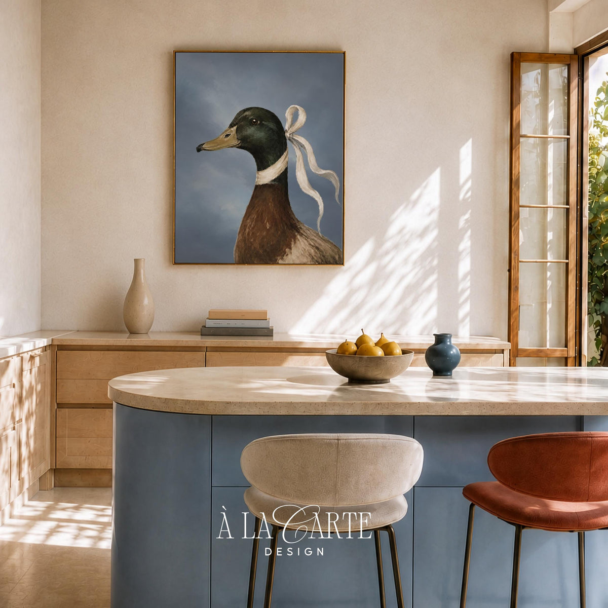Quirky ornamental fowl printable artwork — vintage-inspired duck portrait with fashionable bow and atmospheric background