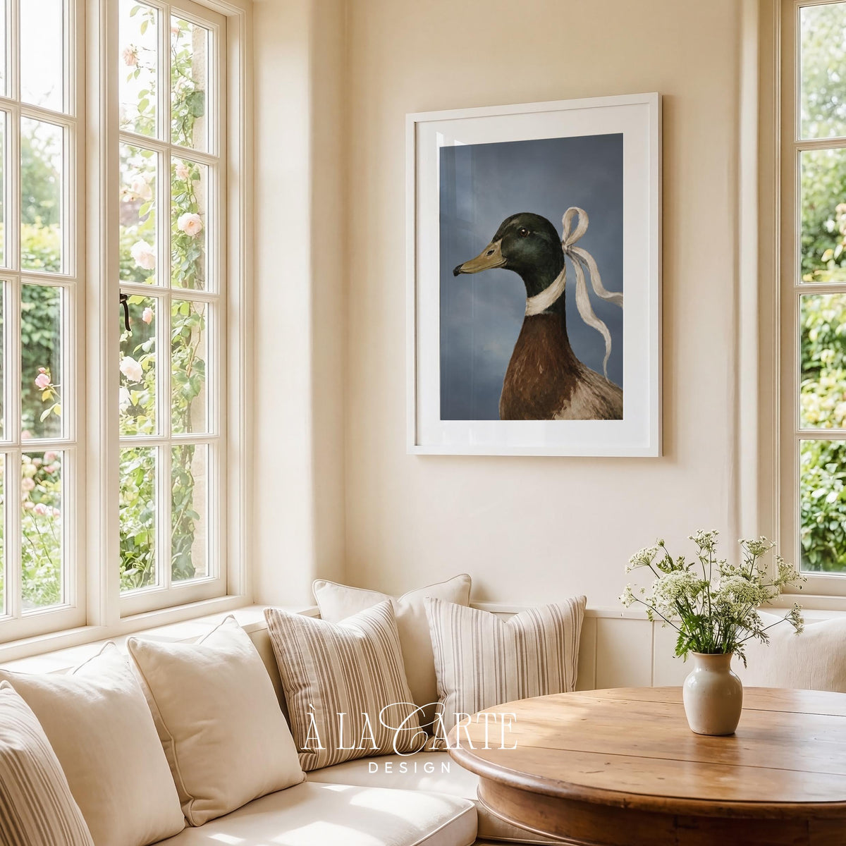 Duck with bow tie digital print — refined vintage-style artwork against stormy blue-gray background