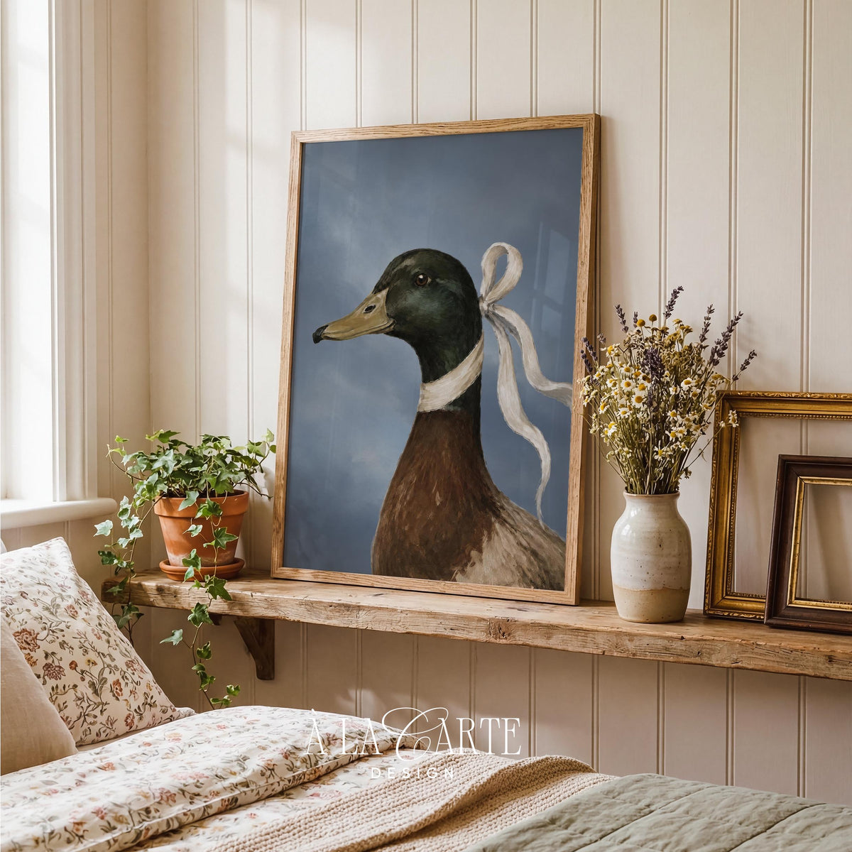 Feathered duck artwork instant download — warm brown and emerald tones with whimsical ribbon accent