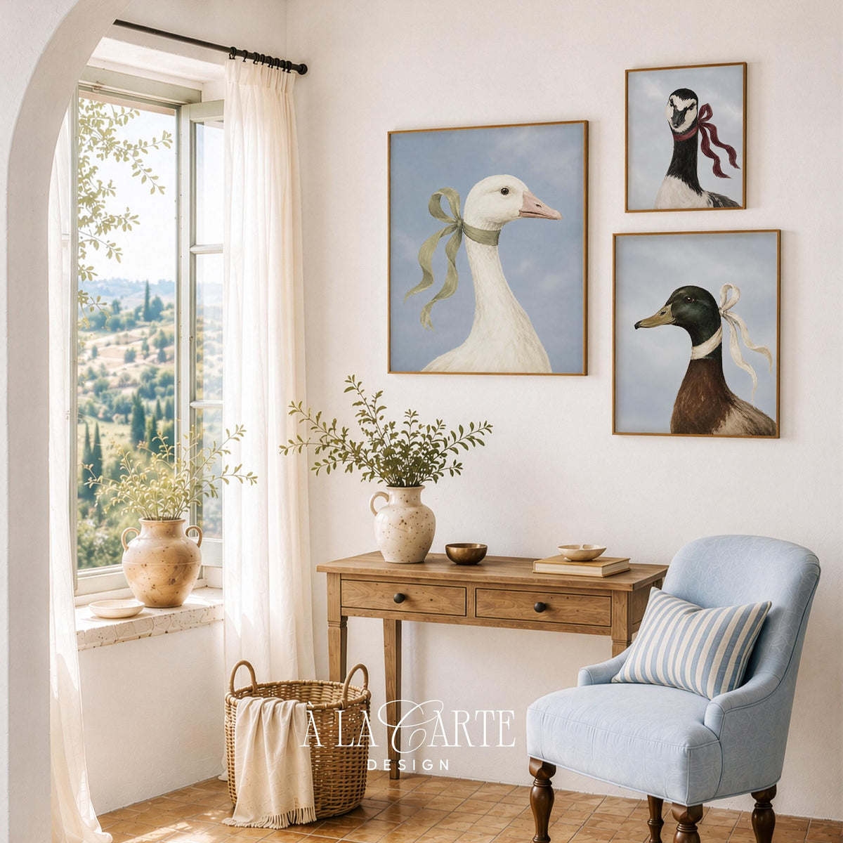 Farmhouse bird portrait poster set for living room — whimsical waterfowl prints with ribbon embellishments