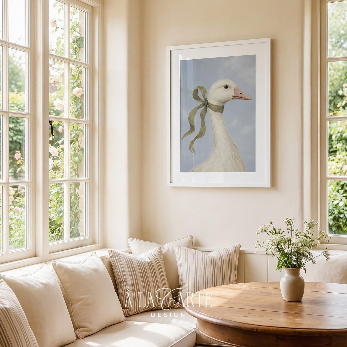 Vintage bird portrait poster pack for farmhouse gallery wall — soft neutral duck and goose busts with decorative accents