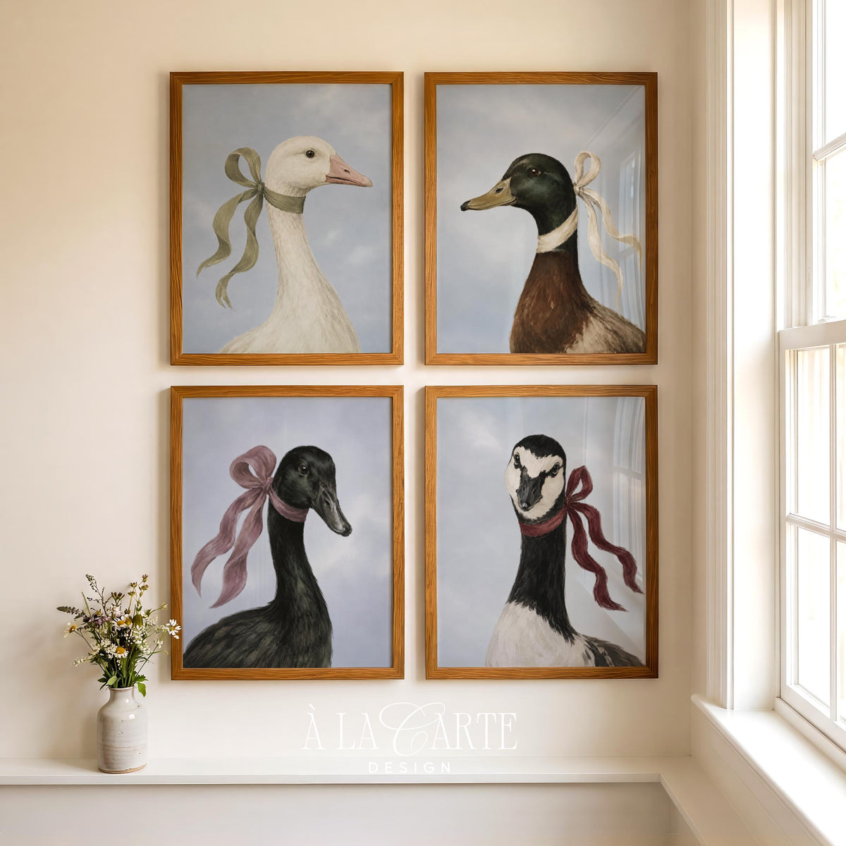 Cottagecore duck portrait gallery collection printable art — vintage-inspired geese with soft sage and mauve ribbon bows