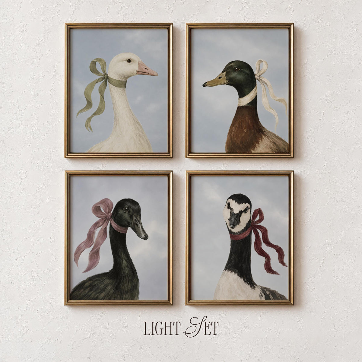 Soft vintage bird portrait wall art bundle — four coordinated goose and duck designs in neutral muted tones
