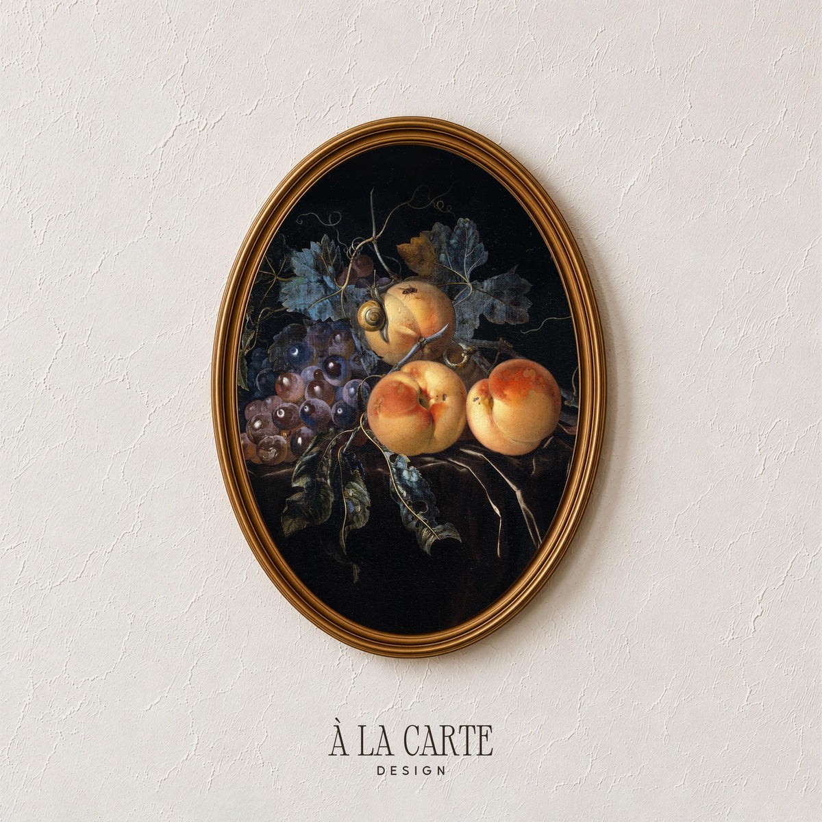 Fruit still life poster featuring ripe peaches, purple grapes wall art for dining room — dark academia aesthetic