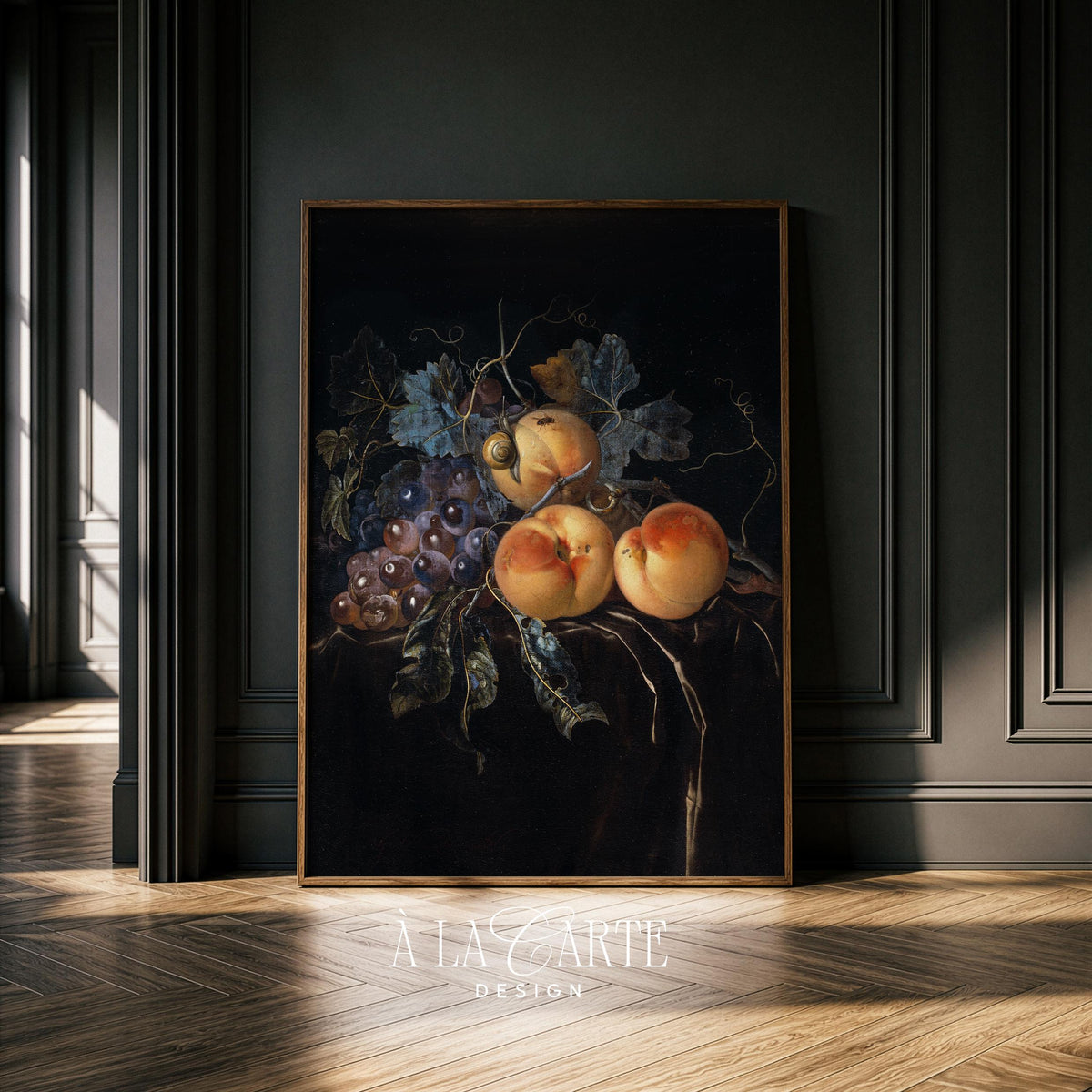 Stone fruit and grape wall decor print for living room — old masters style with dramatic rich aesthetic