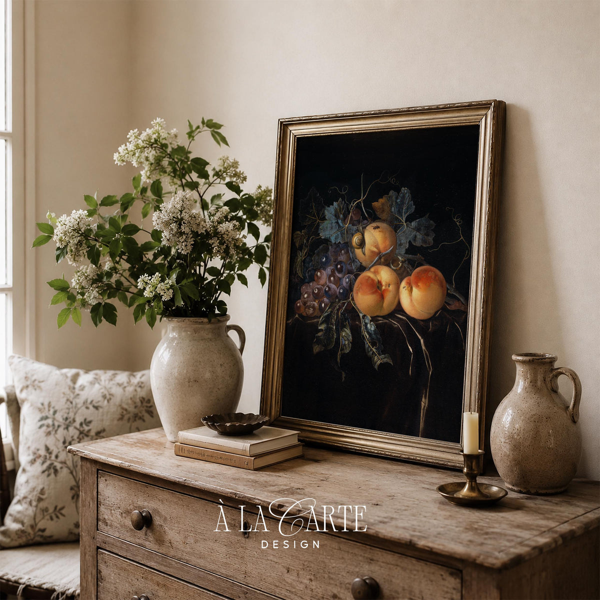 Peaches and grapes painting printable art for kitchen — moody still life with vintage brushwork and jewel tones