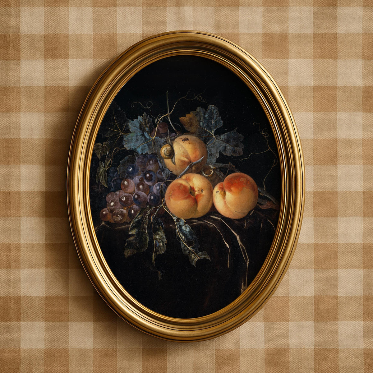Classic stone fruit digital print with dramatic lighting — vintage oil painting style in golden and plum hues