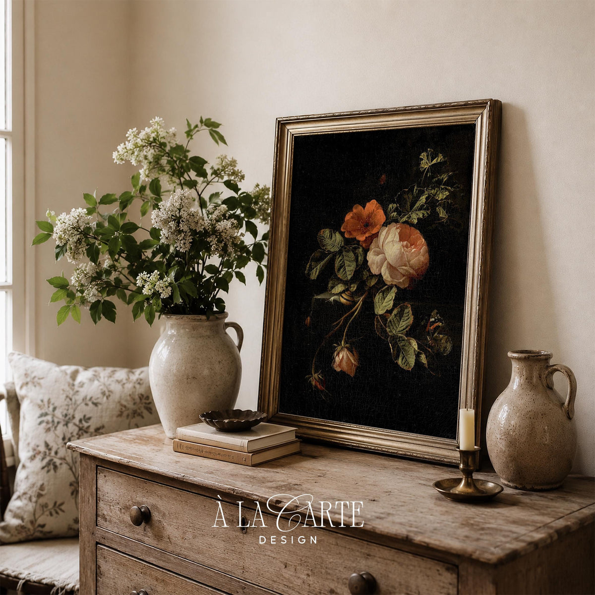 Dark Floral Still Life, Moody Flower Painting, Cottagecore Botanical Printable, Dark Aesthetic Wall Art, Antique Rose Painting V21