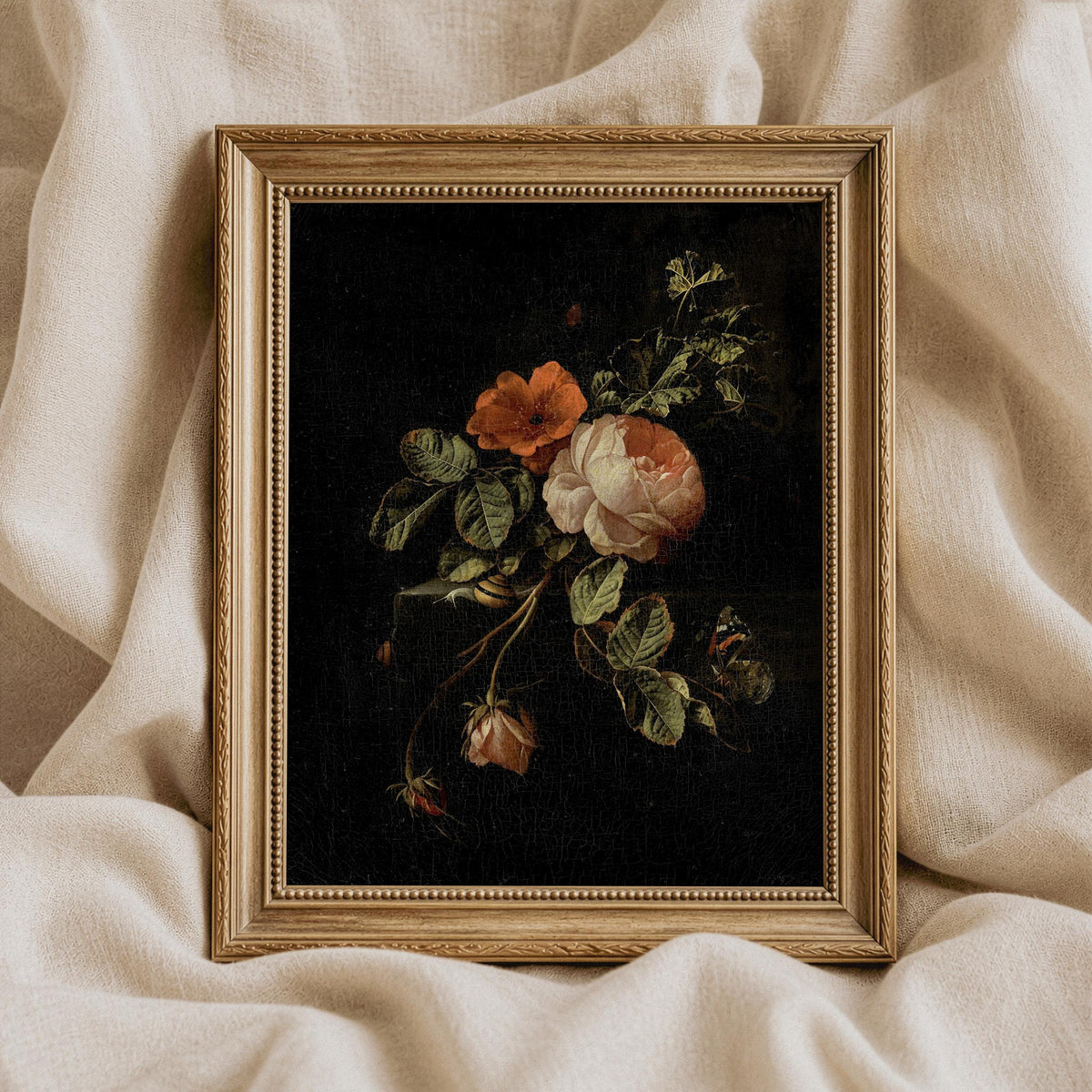 Dark Floral Still Life, Moody Flower Painting, Cottagecore Botanical Printable, Dark Aesthetic Wall Art, Antique Rose Painting V21