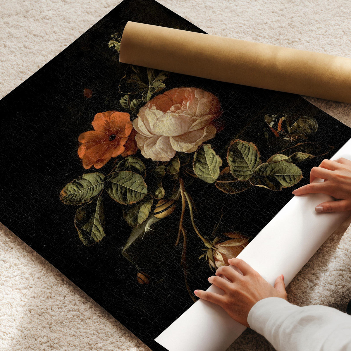 Dark Floral Still Life, Moody Flower Painting, Cottagecore Botanical Printable, Dark Aesthetic Wall Art, Antique Rose Painting V21